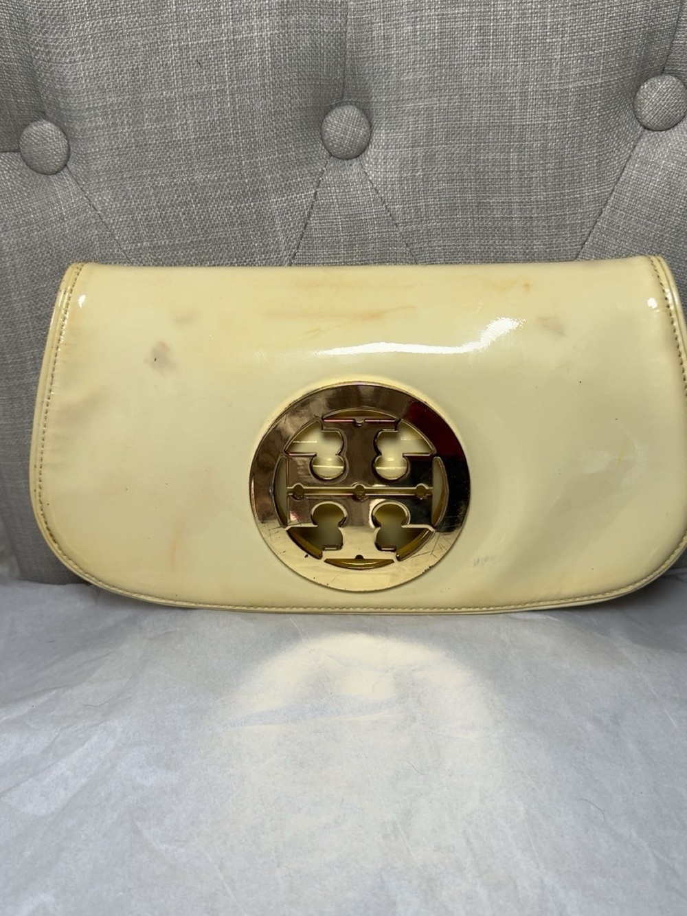 Tory Burch Yellow Patent Leather Clutch with Gold Logo Medallion